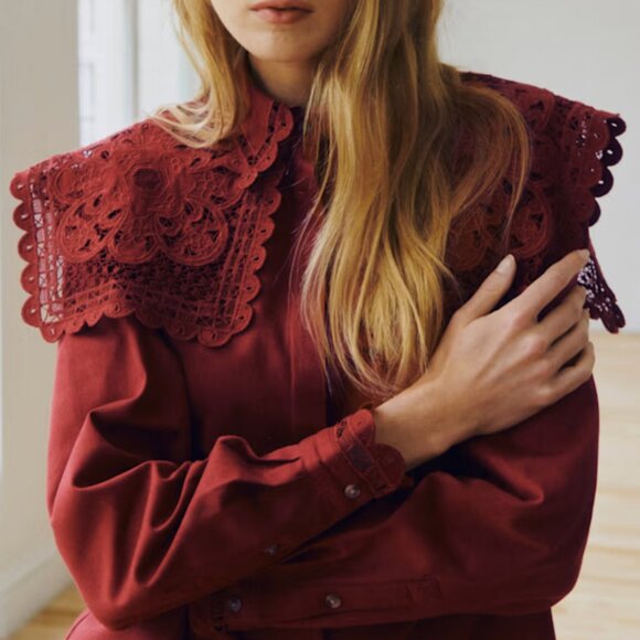 Sezane Tops - Sézane x Sea NY NWT Astrid Shirt in Burgundy Embroidery Size 38/US 6